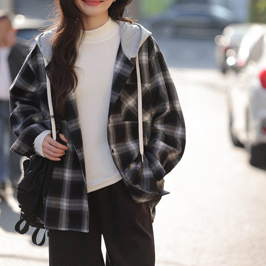 hooded check shirt　J00362
