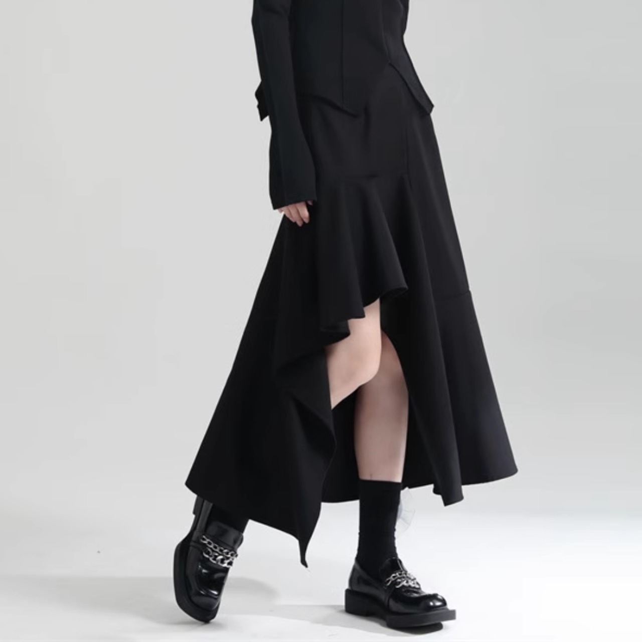 Black slit ruffle hem midi skirt (ME111)