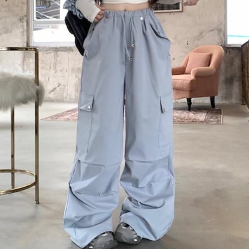 2024 夏パンツ ロング丈 ワイド ストレート サイドポケット ハイウエスト 美脚効果 脚長効果 細見え 夏 水色 白 おしゃれ かわいい 韓国ファッション レディース お出かけ