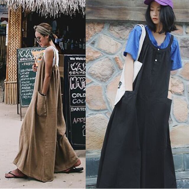 オールインワン サロペット レディース マキシ丈 ワイドパンツ ゆったり 全2色 ブラウン/ブラック サイズ展開豊富 S/M/L/XL