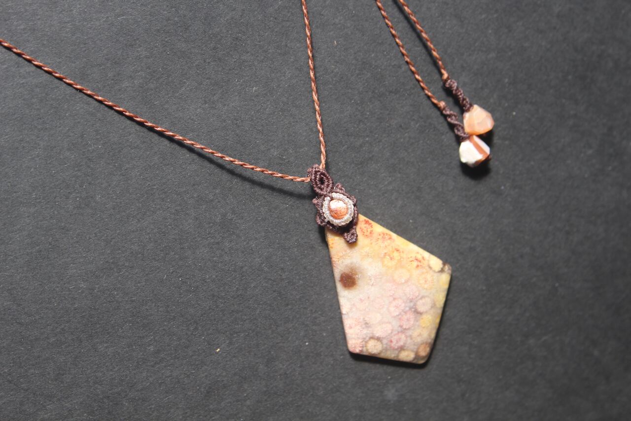Fossil Coral & Sunstone micro macrame pendant