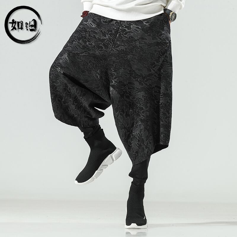 如旧シリーズ チャイナ風ズボン メンズ 2color 大きいサイズ ワイドパンツ ゆったり カジュアル 黒 グレー Elegant