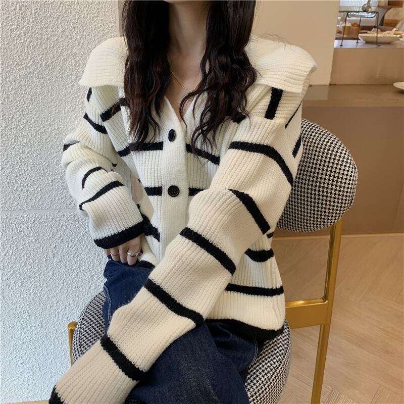 カーディガンセーター ジャケット ニットスプリングオータムルーズストライプトップス ロング 春物 秋物 1号婦人47174776135