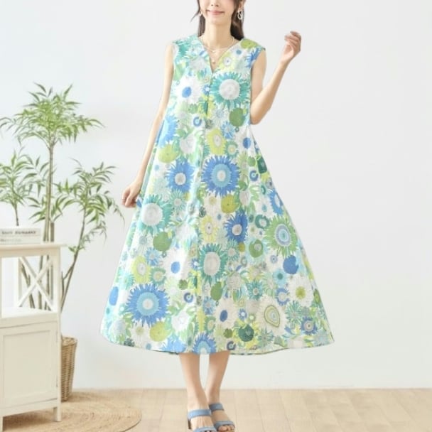 ロングワンピース ノースリーブ サークルフラワー 総柄 Vネック N83-377 グリーン TRUBE ミセス M L fmsd きれいめ 上品 ミセス 春夏 婦人服 洋服 レディース 大人可愛い