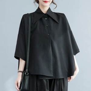 SOLID POINTED COLLAR 3/4 SLEEVES ASYMMETRIC DESIGN SHIRT 2colors M-16483