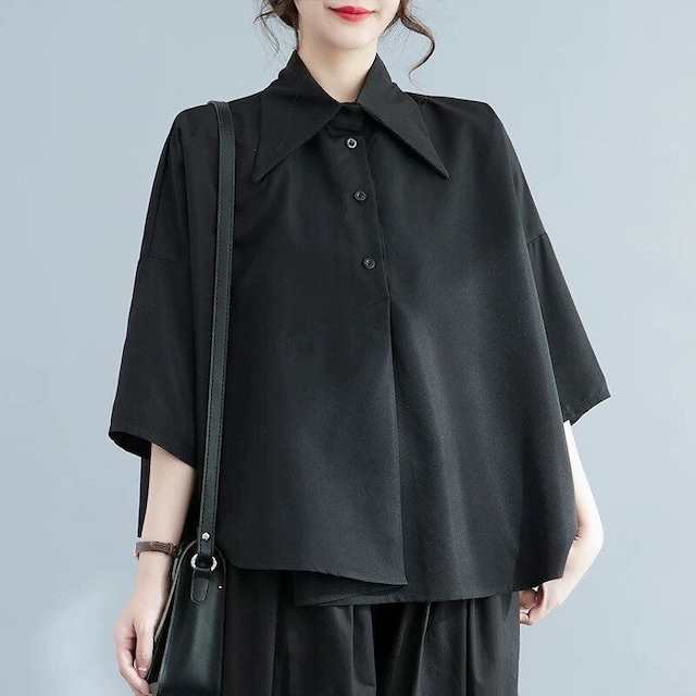 SOLID POINTED COLLAR 3/4 SLEEVES ASYMMETRIC DESIGN SHIRT 2colors M-16483