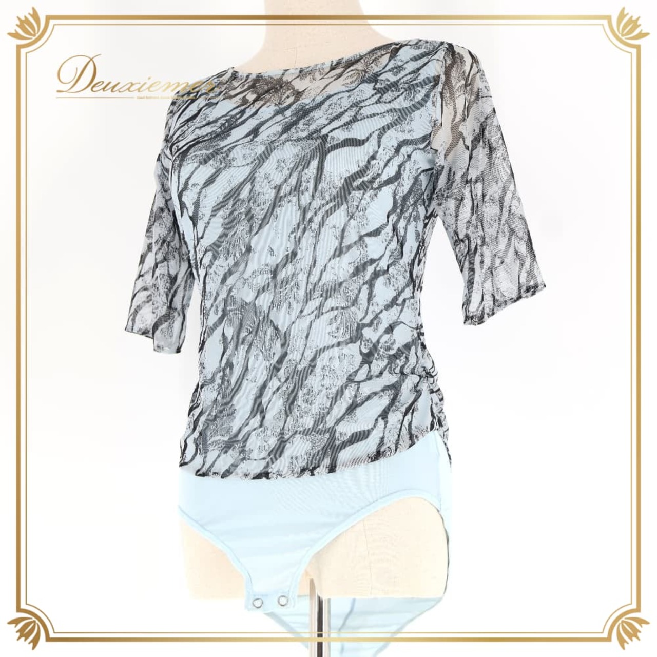 社交ダンス 衣装 トップス レオタード ブルー系 チャコット Chacott 練習 レッスン 伸縮 ストレッチ 柄 模様 水色 青 黒 華やか 日本製 ダンス衣装 バレエ イベント ステージ おしゃれ 落ち着いた色 ブラック系 グレイ系