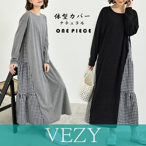 韓国 ドッキングワンピース 長袖 春夏秋 ギンガムチェック シャツ 切り替え ワンピース ロング丈 マキシワンピース きれいめ カジュアルワンピース ワンピース VEZY ベジー ItemNo.【17305218】