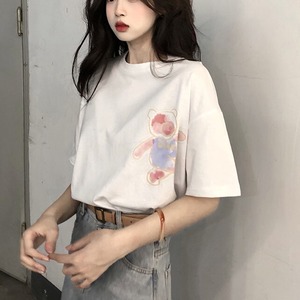 Tシャツ レディース オーバーサイズ ベア 半袖 シンプル トップス カジュアル かわいい 韓国 デザイン 白 黒 デイリー ybh0885