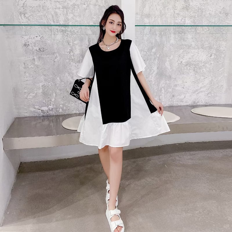 サマーブラックホワイトカラー薄手ラウンドネックドレス 大きめサイズ エレガント 夏物 Oネック ミックスインファッション90043453295
