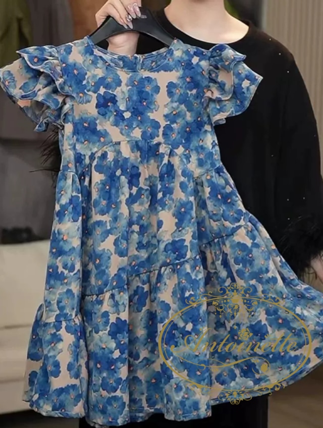 120~160 子供 夏 ワンピース 花柄 かわいい フリル袖 青 ブルー 薄手 ひざ丈