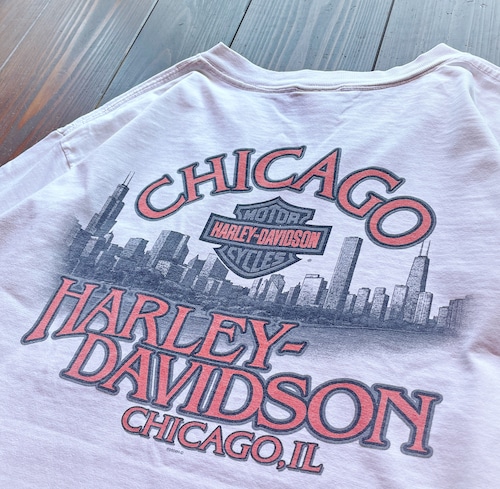 00s  Harley Davidson  Chicago 4side INK print Long Sleeve  Pocket T-Shirt Size XL