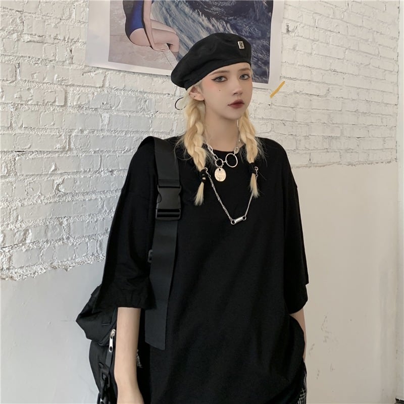 サブカル 服 地雷系 通販 ゴスロリ系 春服 Tシャツ ユニセックス ネックチェーン 黒ゴス カジュアル プチプラ V系 ゴシック ロリータ