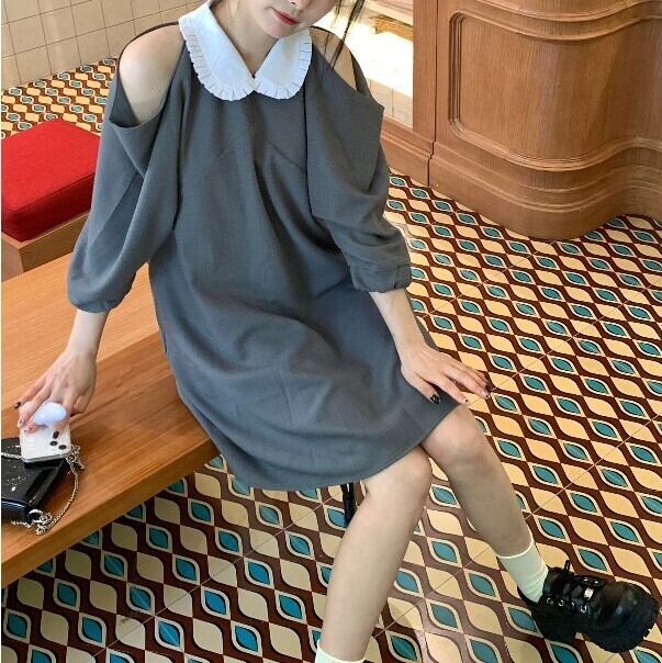 ワンピース レディース ミニワンピース ミニ ミニ丈 ショート ショート丈 長袖 ボリューム袖 襟付き 丸襟 ピエロカラー ストレート ワイド Aライン 肩あき かわいい きれいめ シンプル カジュアル 清楚 フェミニン おしゃれ 綺麗 お嬢様 ナチュラル こなれ感 ラフ ラブリー キュート ガーリー 個性的 抜け感 無地 学生 通学 デート お出かけ 女子会 イベント 美術館巡り アート鑑賞 カフェ巡り 街歩き お呼ばれ S M グレー 灰色 春 秋 10代 20代 韓国 韓国系 着回し 普段使い