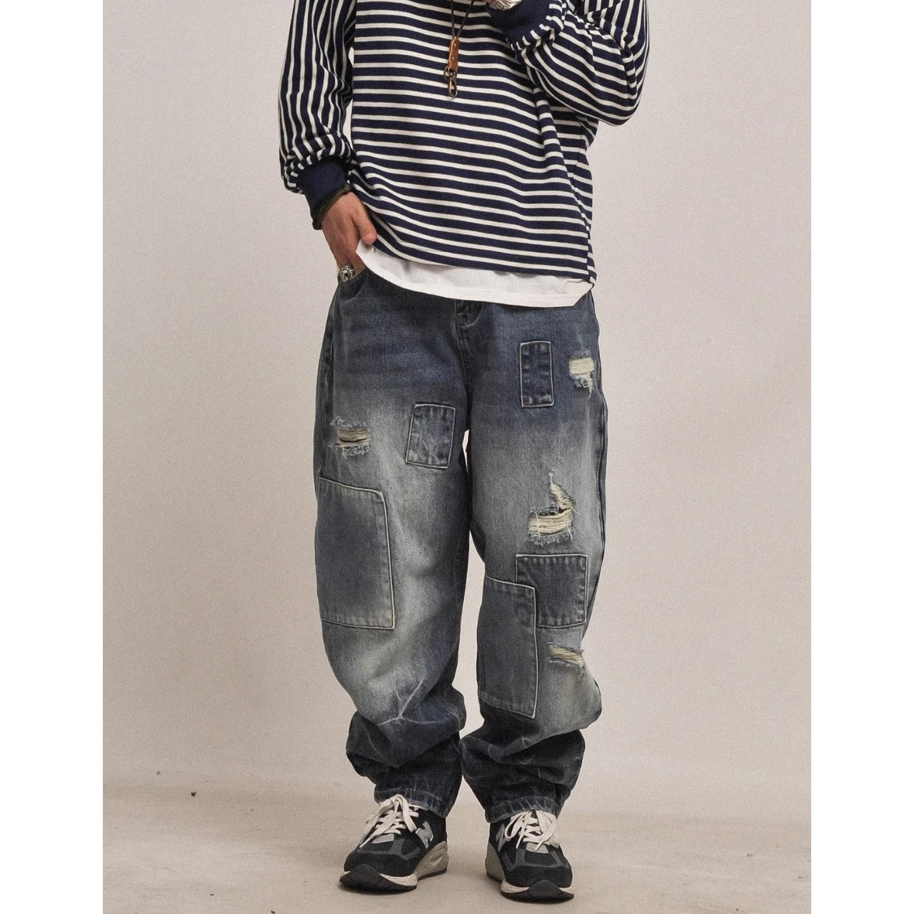 Patchwork damage denim pants 1091 - 4