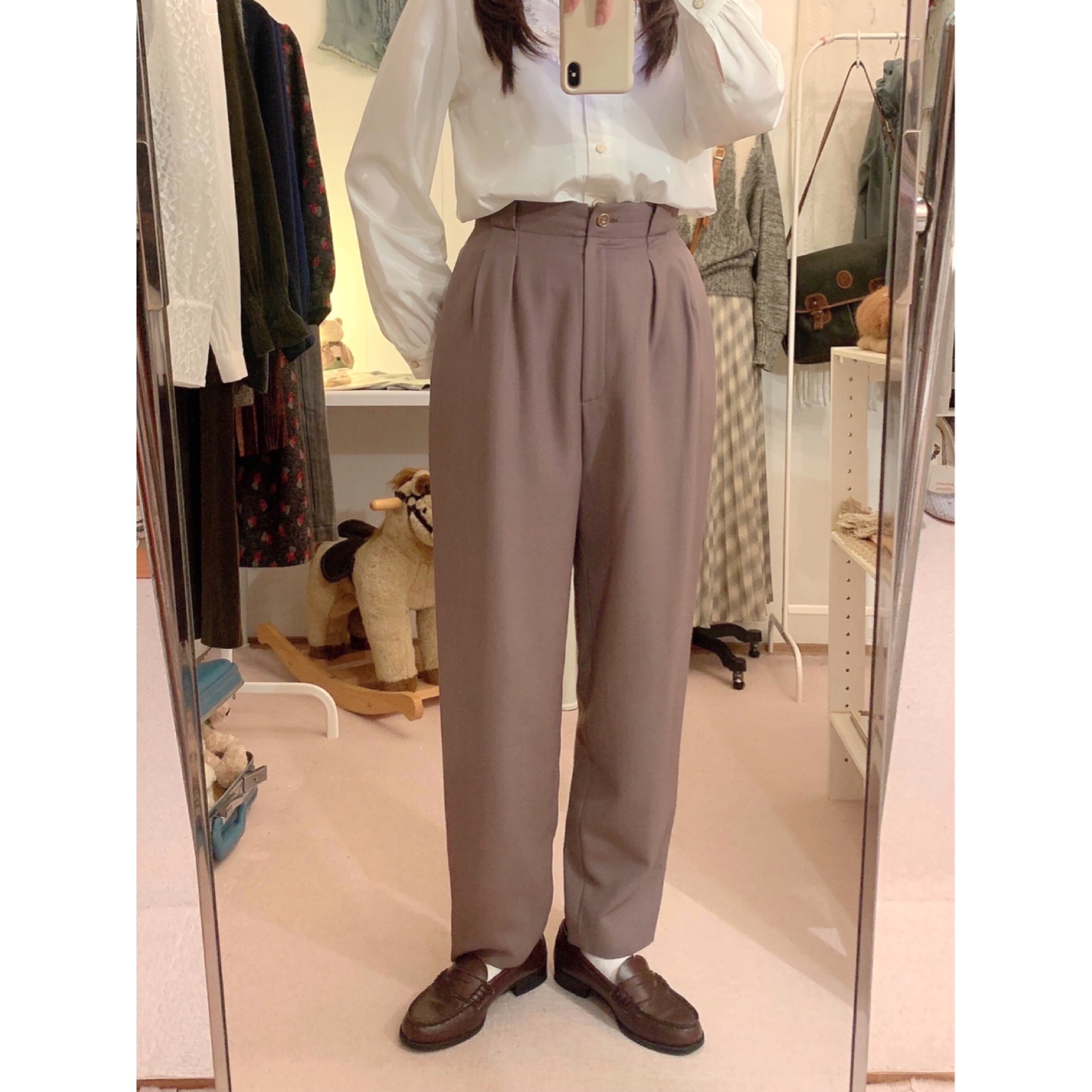 cream brown high waist tuck pants