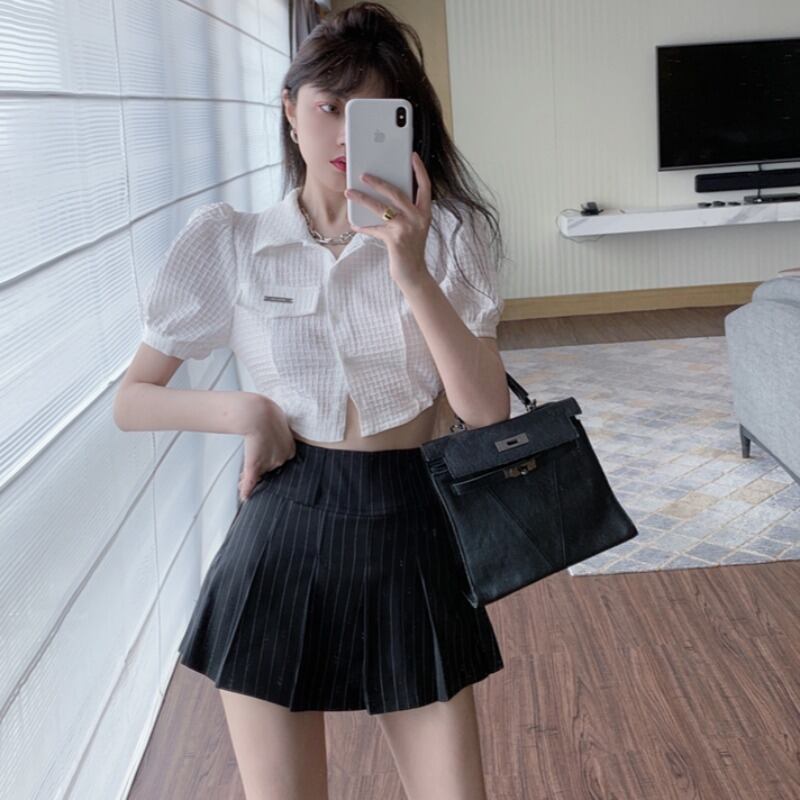 スリーブシャツ ハイウェストウェストストライププリーツスカート ハンチェンe82127839393