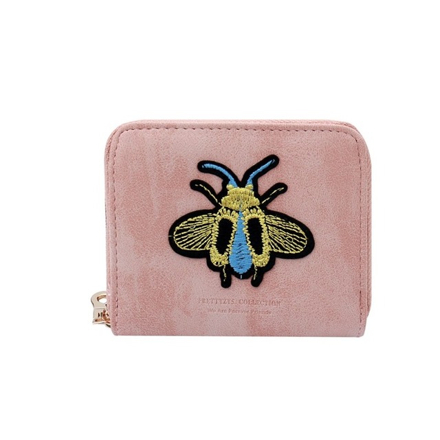 ファッション女性かわいい蜂刺繍ミニショート財布 Pu レザー女性のファッションヴィンテージジッパー現金コイン財布女性カードホルダーバッグ