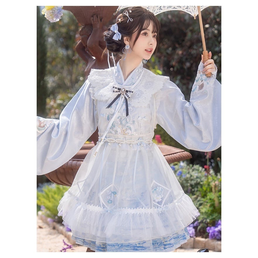 中華ロリータ｜水色刺繍漢服4点セット（白×水色）お茶会・撮影会