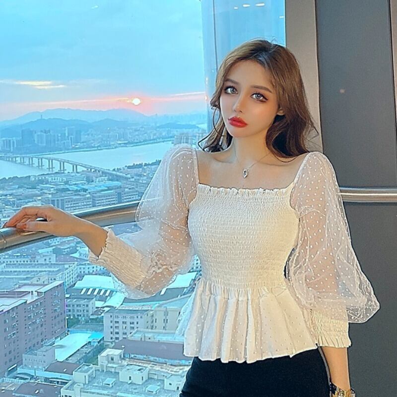 オータムカラーウェスト薄手水玉メッシュトップス ランタンスリーブ 秋物 ハンチェンe99089600197