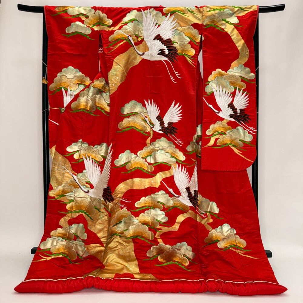 色打掛 正絹 鶴 刺繍 赤 打掛 花嫁衣裳 ポリエステル リサイクル 中古 ブライダル ウエディング 着物 6104