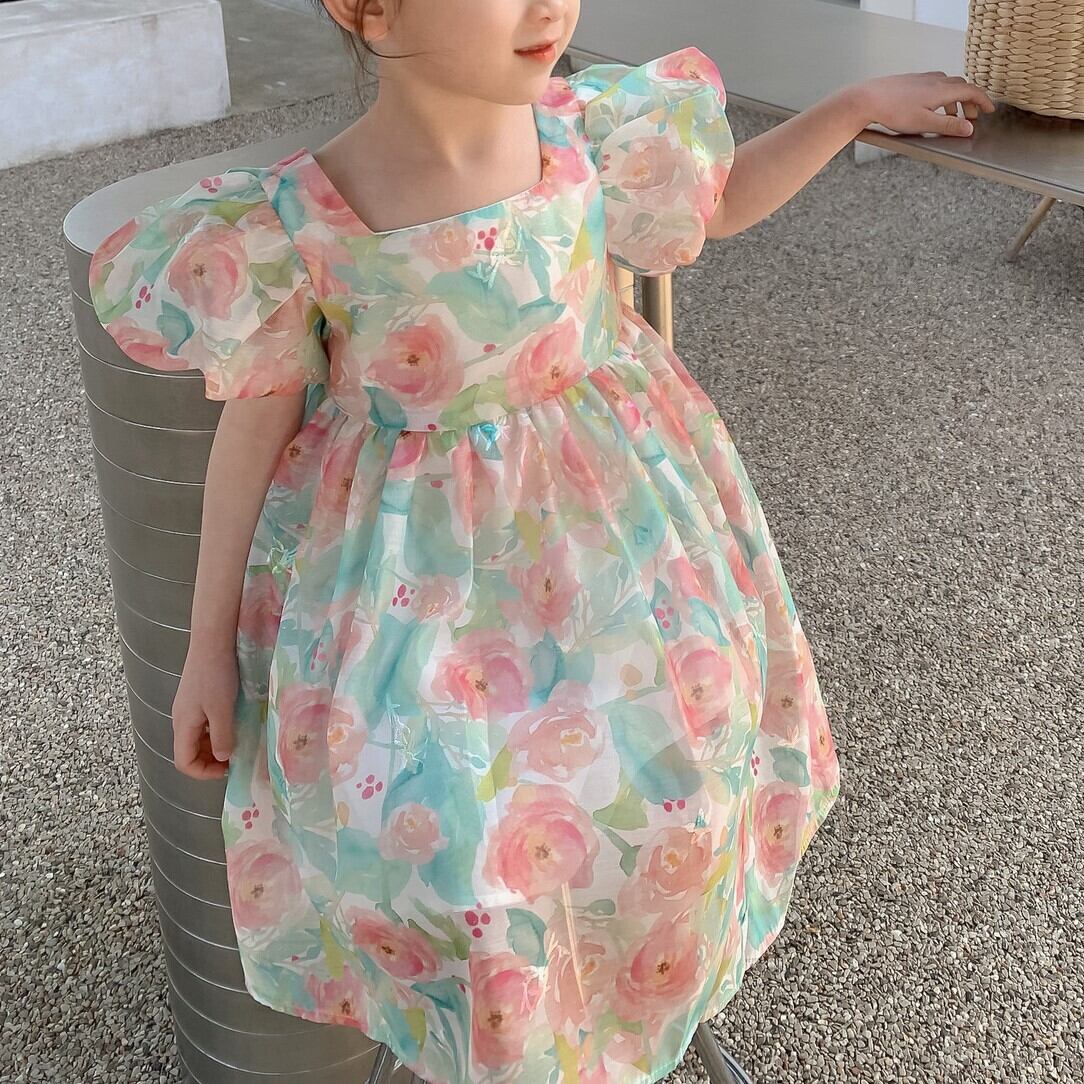 ドレス キッズ 女の子 ガール パーティードレス ワンピースドレス ワンピドレス プリンセスドレス キッズドレス ミディアム丈 半袖 フレアスリーブ ボリューム袖 スクエアネック フレア バックシャン エレガント 上品 清楚 可愛い かわいい おしゃれ お嬢様 お姫様 フェミニン ラブリー キュート ガーリー 華やか 花柄 フラワー パーティー イベント 結婚式 フラワーガール 韓国 韓国系 プレゼント ギフト 夏 90cm 100cm 110cm 120cm 130cm 140cm 送料無料