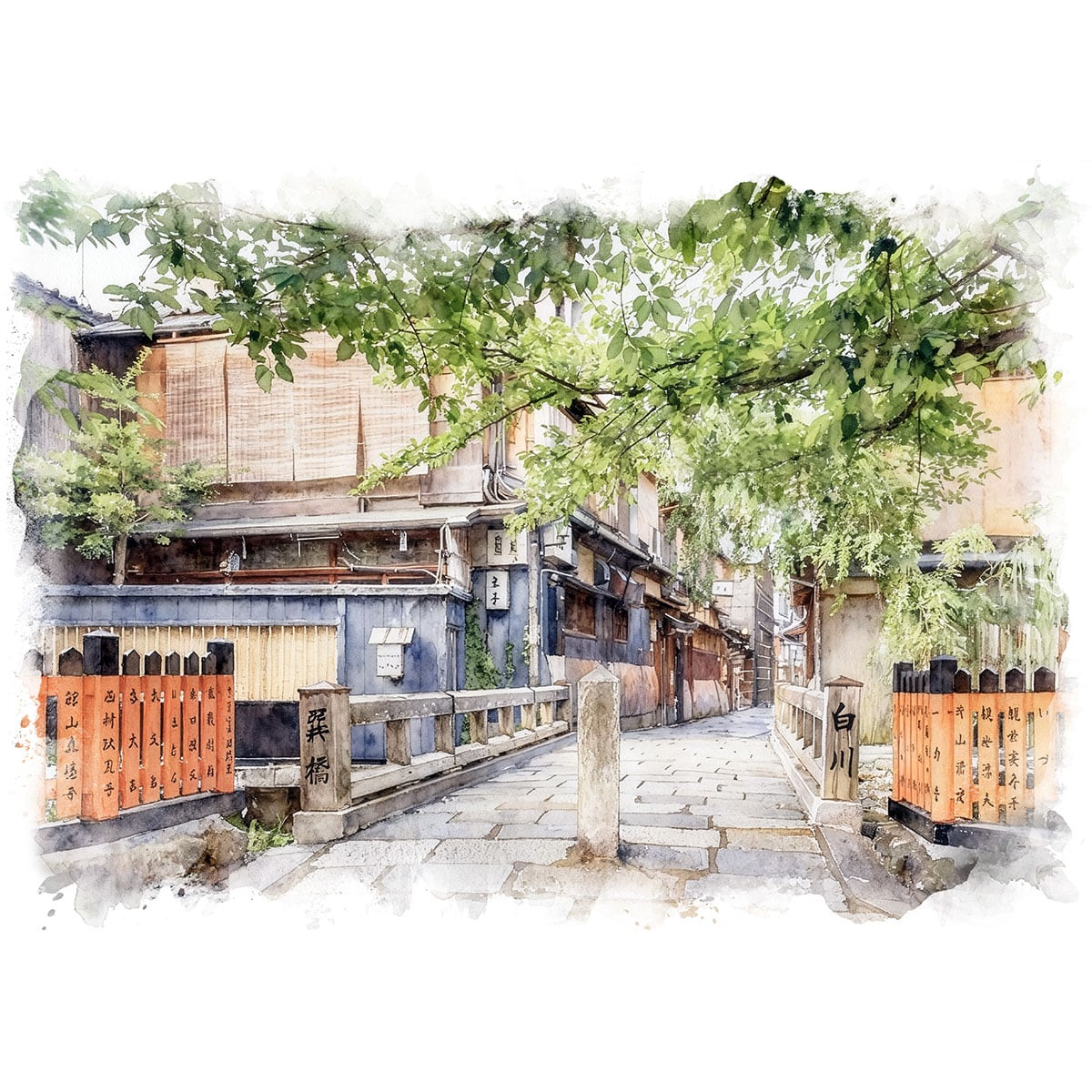 絵画 日本 京都府 祇園 巽橋 風景画 インテリアアート額付き 水彩画・油絵風 WAT0148