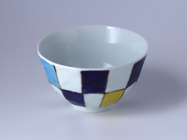 飯碗 面取り　染付三色市松