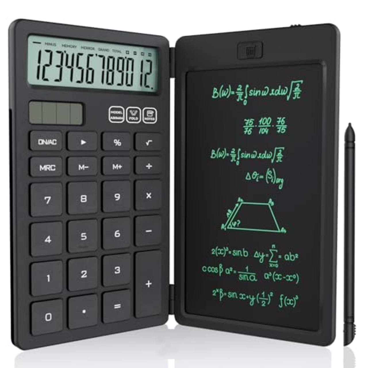 NEWYES 電卓付き電子メモパッド ソーラー充電可 折りたたみ式 ワンタッチ消去 多機能 計算機 デジタルペーパー 電卓 12桁 使いやすい 小型 ６インチ コンパクト デジタル メモ帳 職場 家庭 仕事用 黒