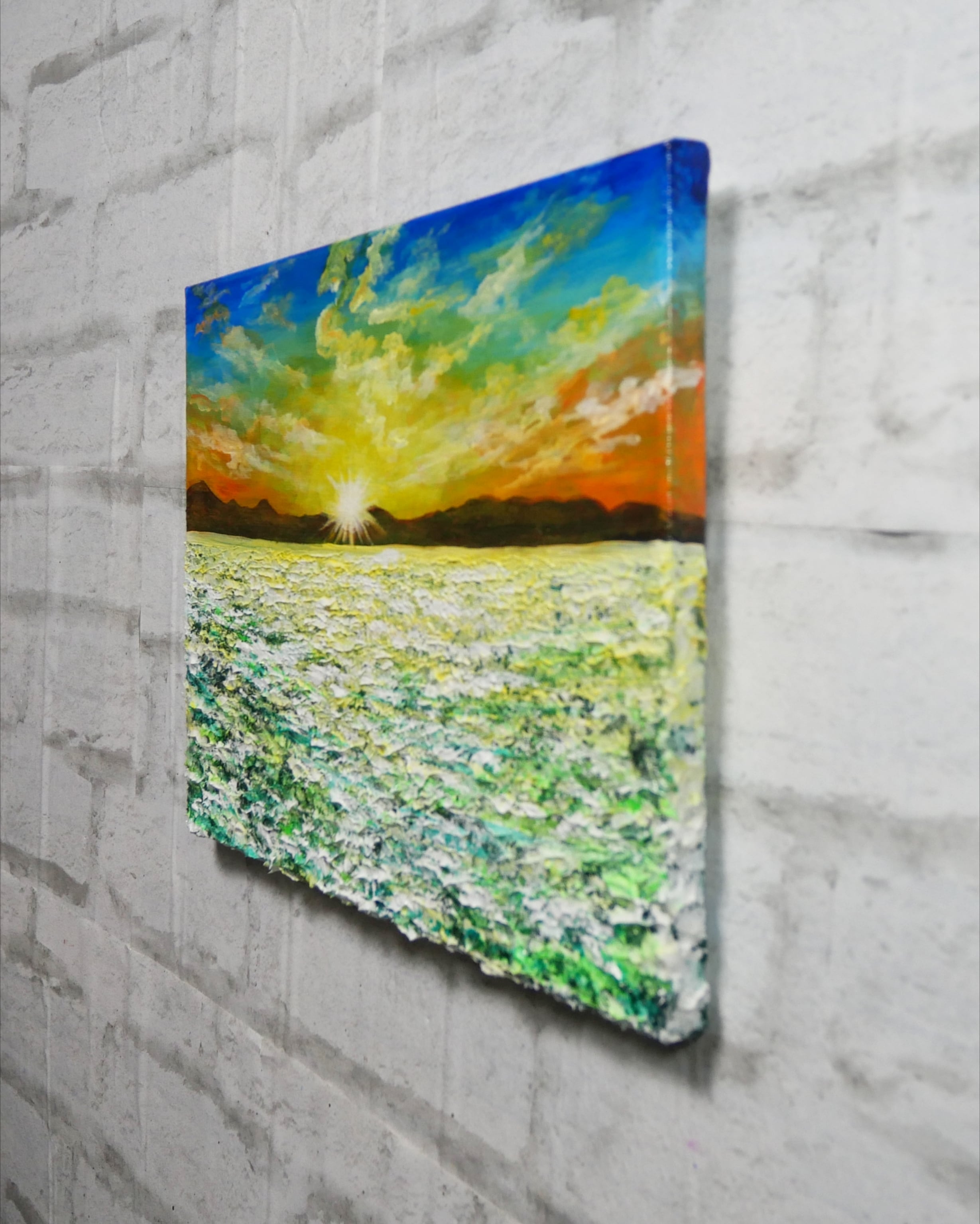 油彩画　油絵　絵画　絵　Y・H・KA 油絵 油彩 油彩画 絵画 絵【草原に咲く白い花と朝日】 | HIROSHI1990