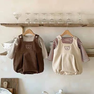 【春作】熊さん刺しゅうサロペット&ボーダーシャツ2点セット　全2色　