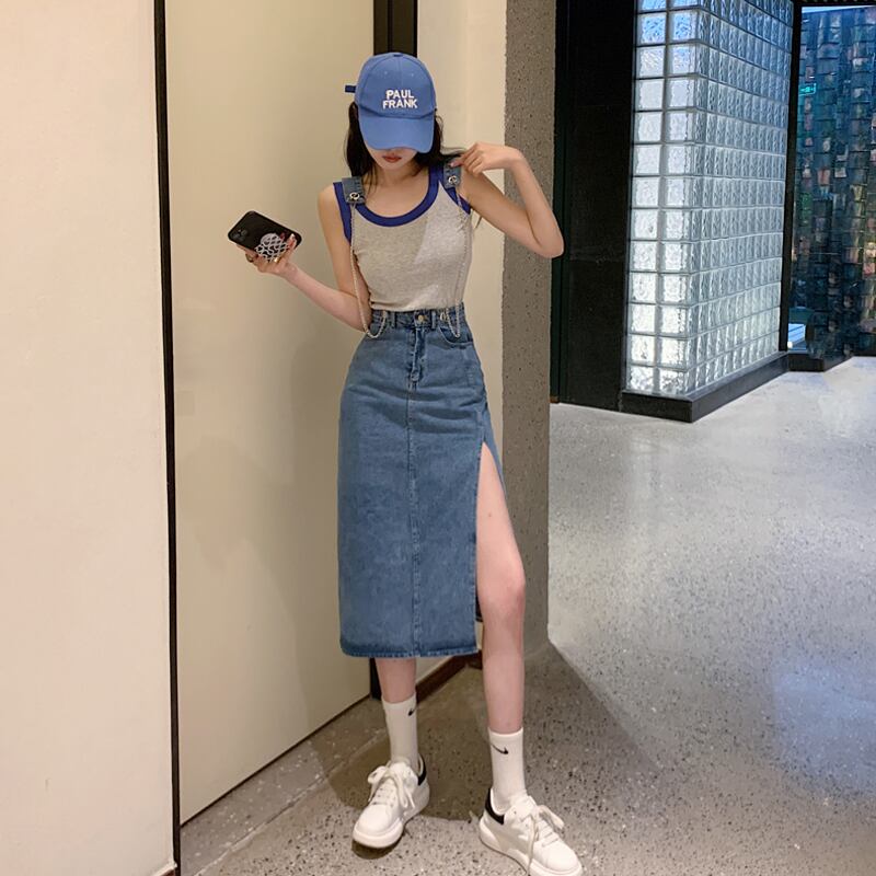 チェーンサスペンダー付き デニムスカート ロングスカート 韓国ファッション Choice 31 レディースファッション通販