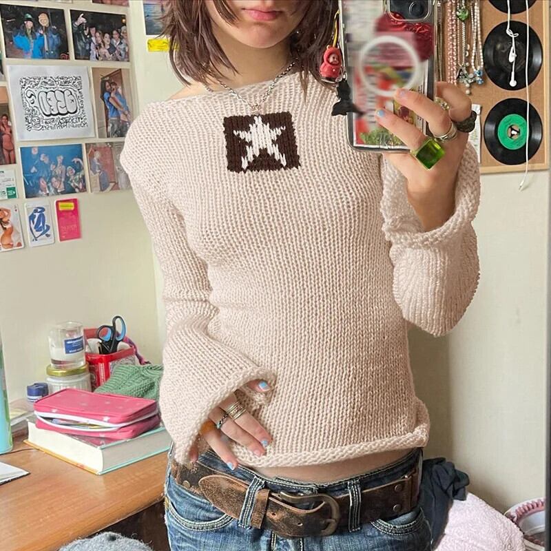 【新作】【送料無料】 TARUXY ニットセーター女性 2023 刺繍スタースリム長袖プルオーバーファム秋冬カジュアルボディコンセーター女性 0197422026575