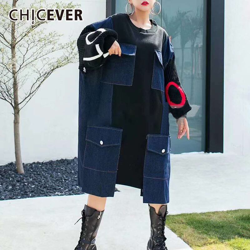 CHICEVERパッチワークデニムドレスレディースOネック長袖ヒットカラーストレートストリートドレス2020オータムスタイル ロング 秋物 6base518422151317