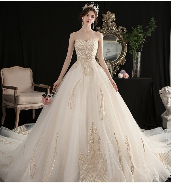 Leja スパンコール花柄刺繍ソフトパフスリーブマーメイドラインドレス