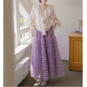 lavender tiered ruffle tulle long skirt(2color)<sk3177>