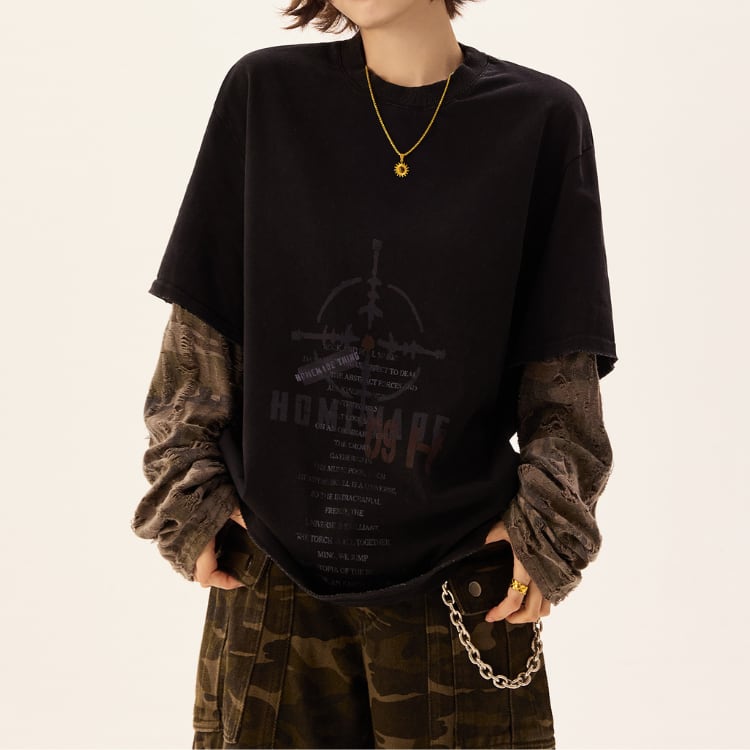 長袖 レイヤード風 クルーネック ドロップショルダー Tシャツ L00007