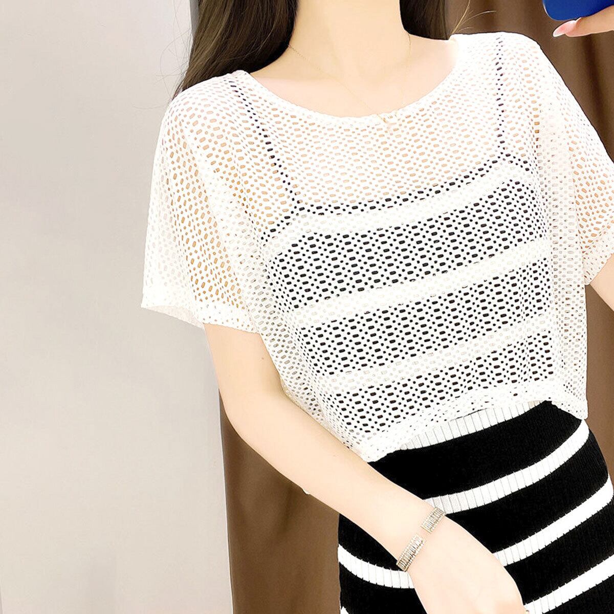 メッシュ ニット 透かし編み トップス レディース 春夏 韓国 透け感 ショート丈 きれいめ おしゃれ 大人 カジュアル 重ね着 レイヤード 薄手 サマーニット 肌見せ 大人可愛い 大人女子