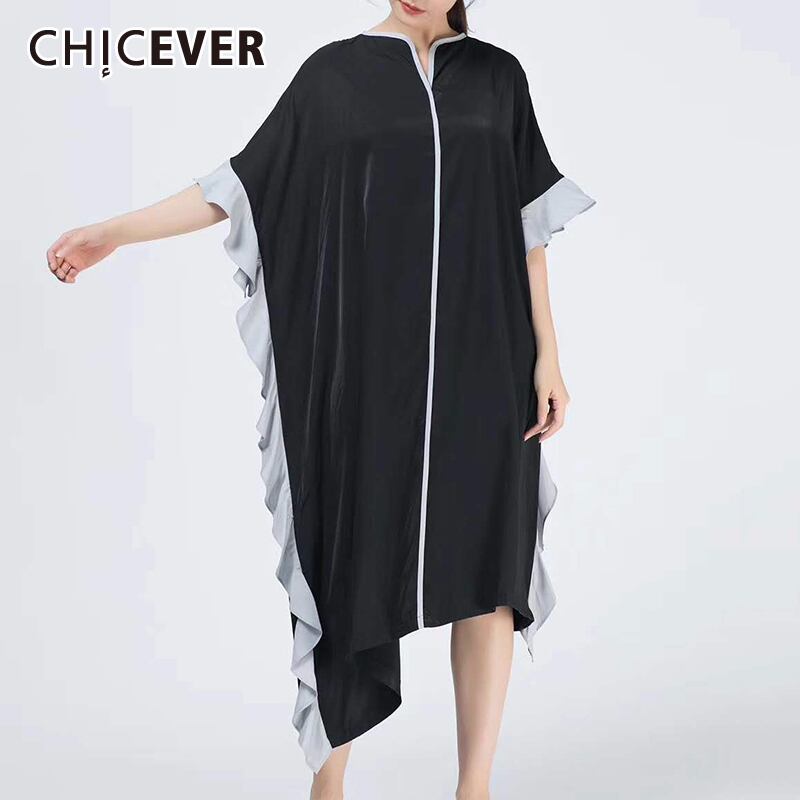 CHICEVERパッチワークフリルドレス女性スタンドカラーバットウィング半袖非対称ミディサマードレス2020 ショート ハーフスリーブ ラッフル 夏物 6base586685925153