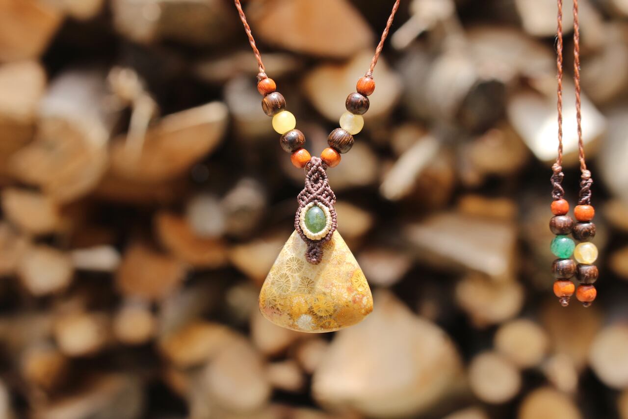 Fossil Coral & Green Tourmaline micro macrame woody pendant