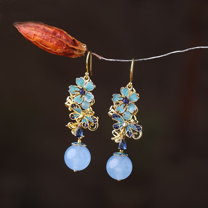 ピアス 耳飾り チャイナ風アクセサリー 成人式 日常 撮影 プレゼント オリジナル レトロ 花 ブルー Elegant