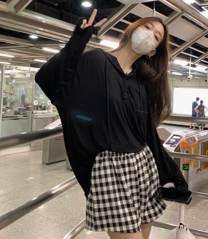 ブラックフードルーズTシャツ オータム薄手サマー ロング 夏物 秋物 モンロー68061916423