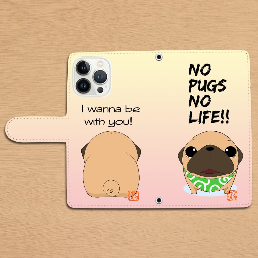 スタンド付き 両面印刷 手帳型 iphone/Androidケース かわいいパグ①（フォーン）