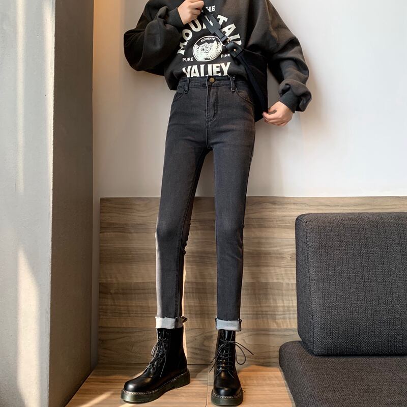 ブラックジーンズレディース2020年秋新バージョンスリムスリムストレッチペンシルパンツハイウエストストレートレッグパンツ クレセントシティ73465182309