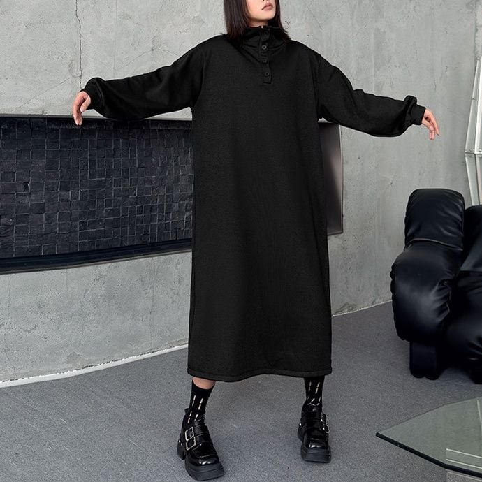 SOLID HIGH NECK HALF BUTTON LONG PULLOVER DRESS 2colors M-15167