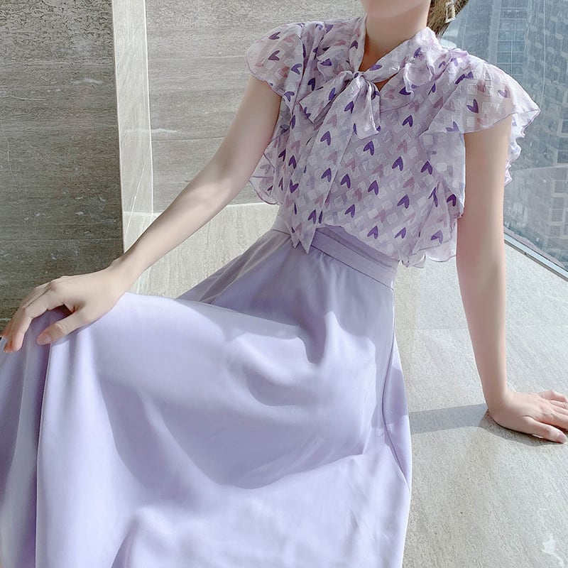 セットアップ シャツ スカート 可愛い 夏 リボン 紫 ハート プリント 花柄ワンピース 通勤 デート Miyabigo