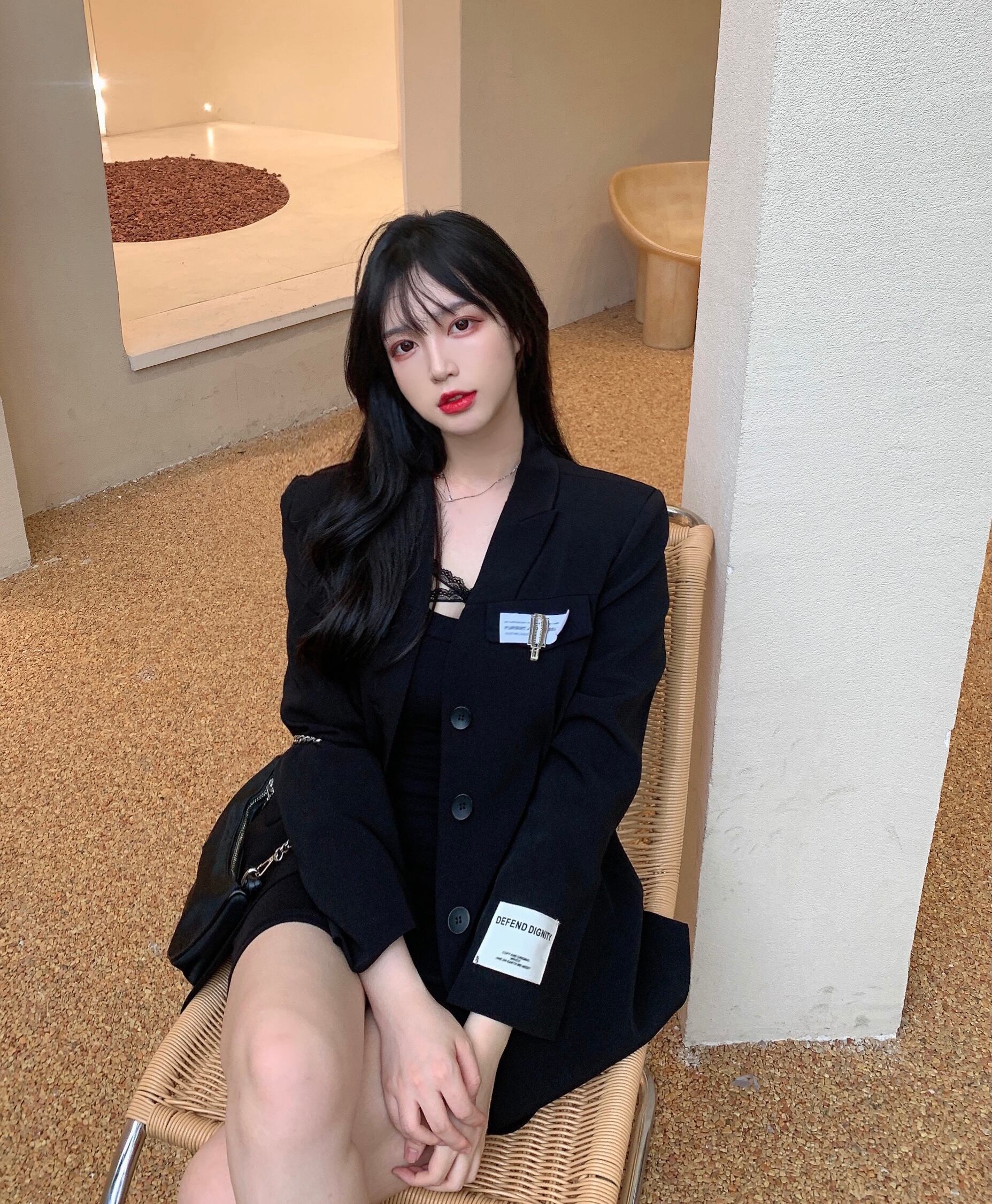 ウェストブレザー ブラックルーズカジュアルオータムトップス ストリート 秋物 ブラックストロベリース89389329327