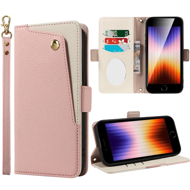 KWATUNG iphone se3用ケース手帳型 ストラップ付き iphone se2用ケース手帳型 ミラー付き 高級PUレザー【ライトピンク】