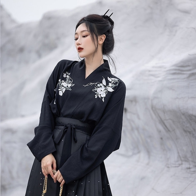 中華ゴシック 飛鶴刺繍 和モダン長袖シャツ ブラック 和モダン