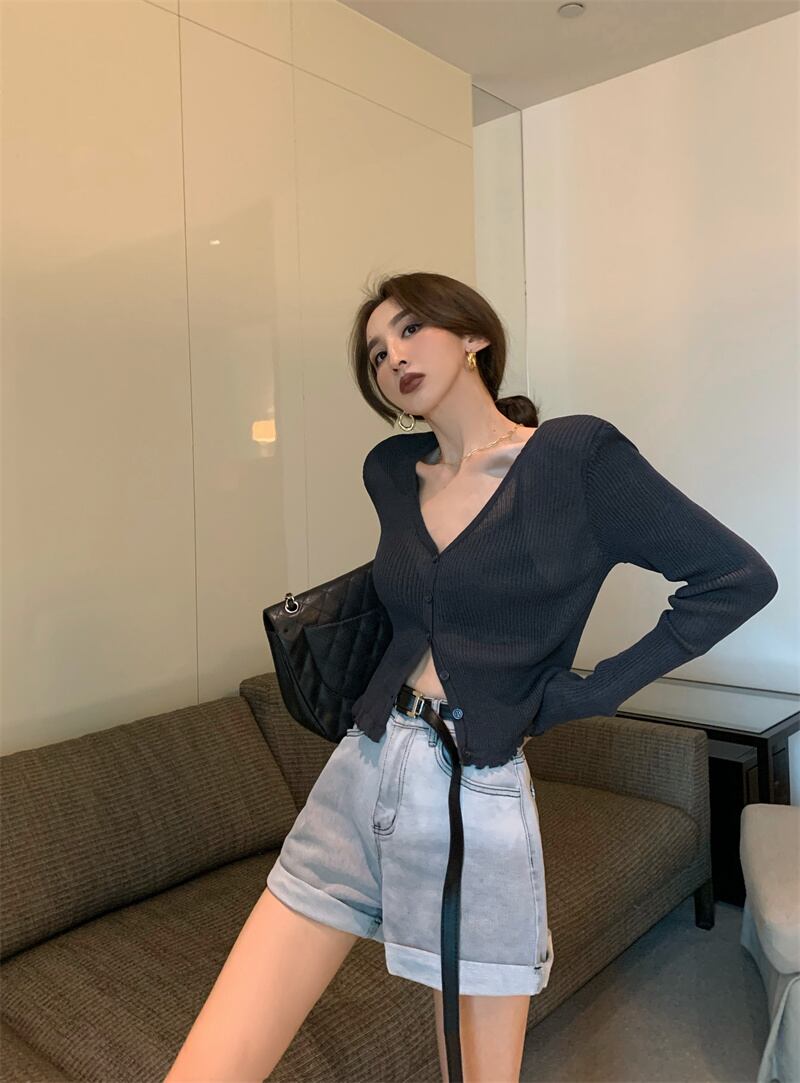 ニットセーター ショートスリム薄手スタイルカーディガンジャケット サマートップス ロング 夏物 ブラックストロベリース36175019373